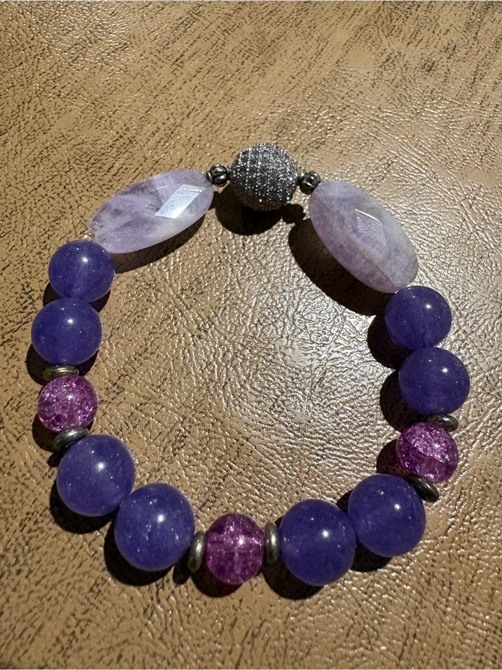 Purple Stone Beaded Stretch Bracelet Sparkle Accent 7.5”